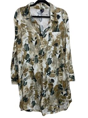 Lisa Bayne Shirt Dress Womens Large Linen Lagenlook Floral Resort Artsy Boho
